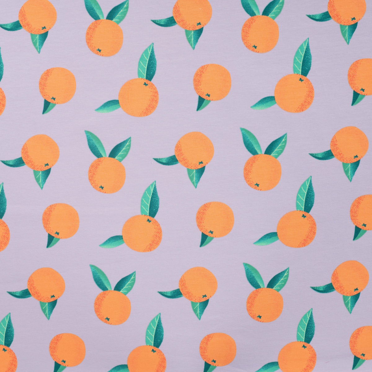 French Terry Orangen Flieder Sommersweat mit Orangen und Zitronen als Meterware