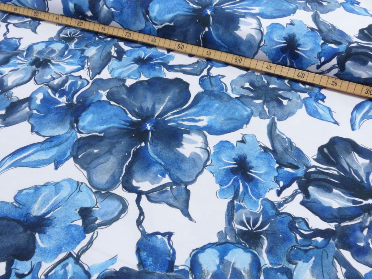 French Terry „Blue Flowers" blaue Blumen, watercolour