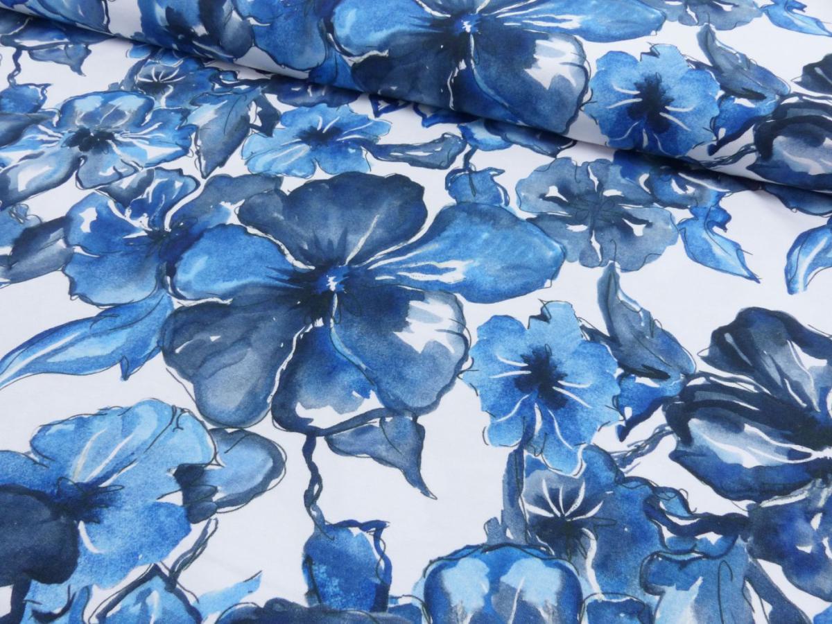 French Terry „Blue Flowers" blaue Blumen, watercolour