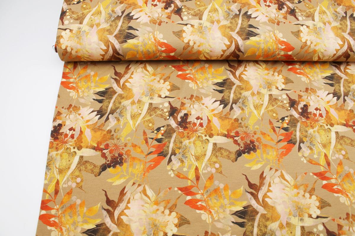 Viskosejersey „Herbstgold" Blätter und Blüten