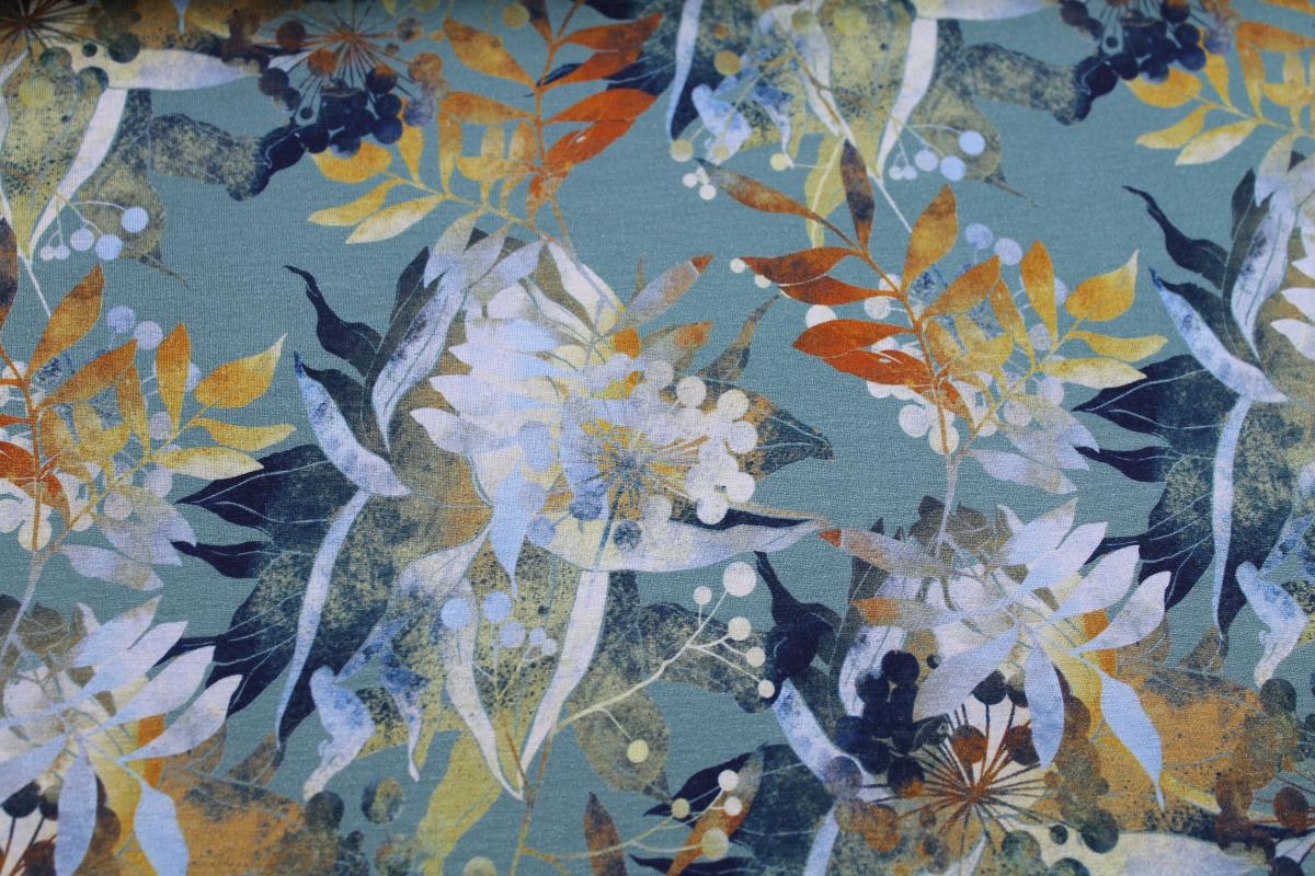 Viskosejersey „Herbstblau" Blätter und Blüten