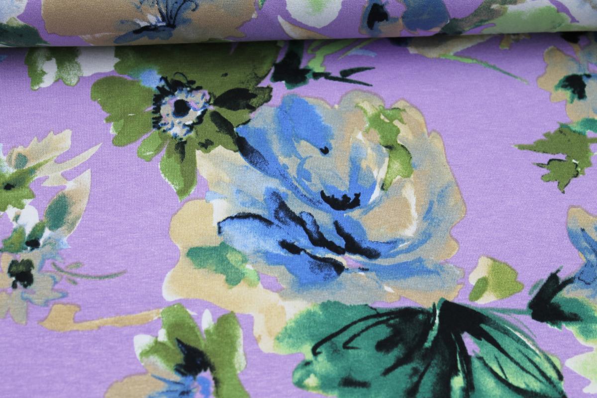 Viskosejersey "große Blumen" lila grün beige blau