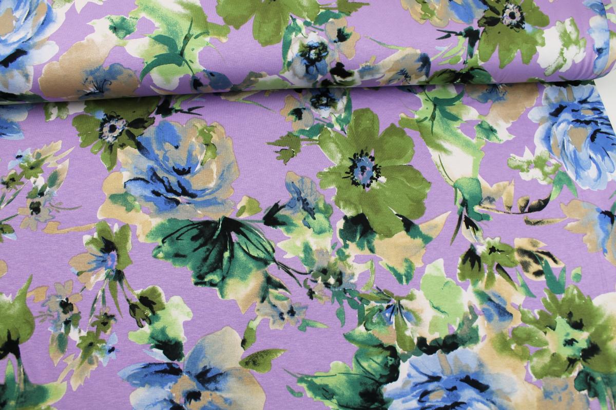Viskosejersey "große Blumen" lila grün beige blau