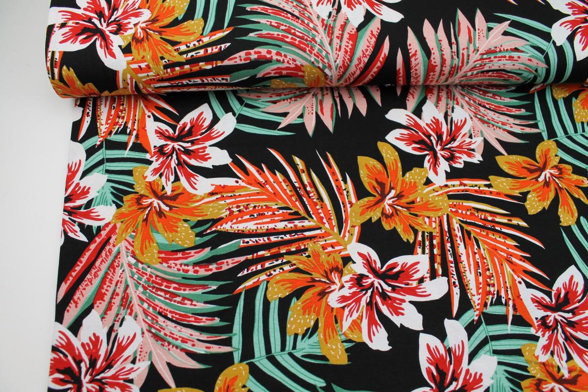 Viskosejersey "Palmen und Hibiskus" schwarz orange weiß grün