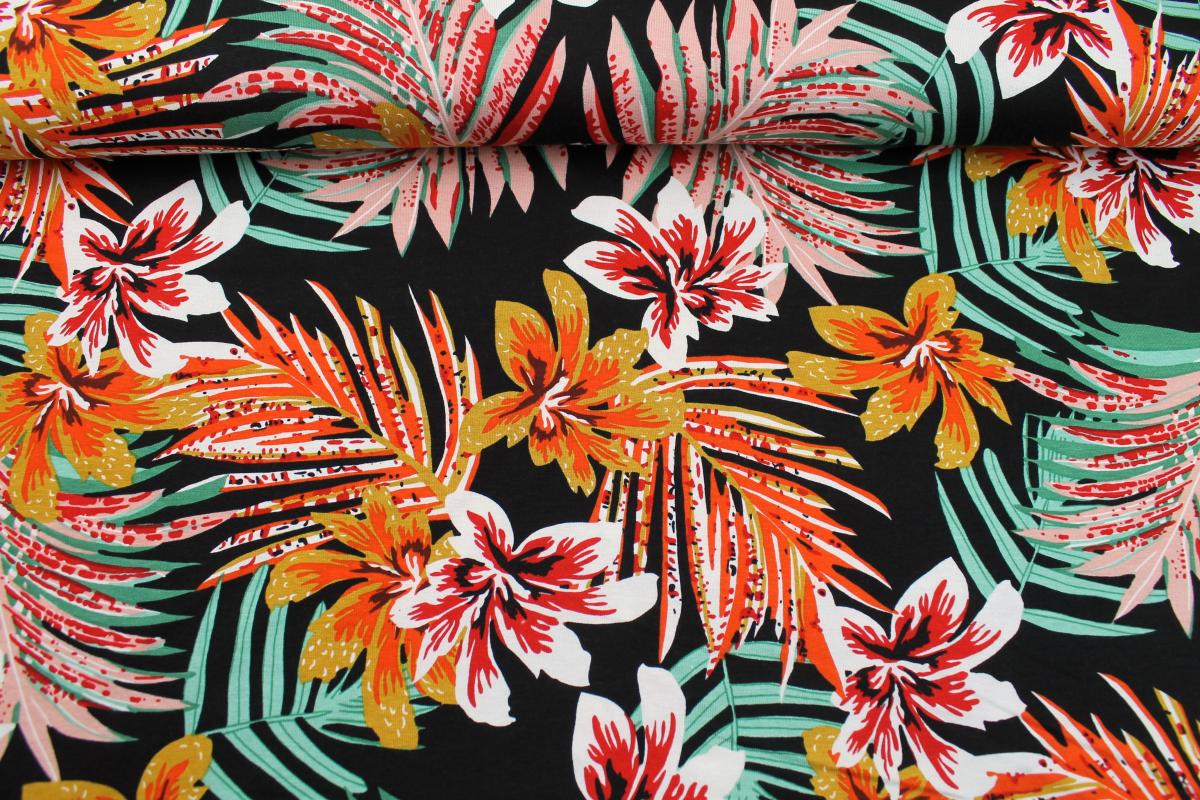 Viskosejersey "Palmen und Hibiskus" schwarz orange weiß grün
