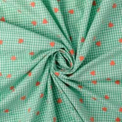 Baumwoll Voile kariert mint mit gestickten Herzen in Koralle