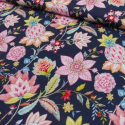 Canvas Stoff mit Blumen- und Paisley-Muster auf dunkelblauem Hintergrund