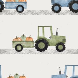 Traktor Stoff Kürbisernte mit grünen und blauen Traktoren und Kürbissen auf graubeigem Hintergrund