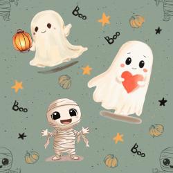 Halloween Stoff Spooky Friends mit niedlichen Geistern, Mumie, Kürbissen und Boo auf graugrünem Hintergrund