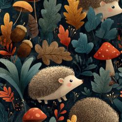 Igel Stoff Durchs Herbstlaub mit Herbstlaub, Eicheln und Fliegenpilzen auf schwarzem Hintergrund
