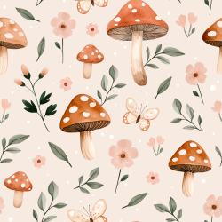 Pilz Stoff Pilzgeflüster Puderrosa mit Fliegenpilzen, Blumen, Schmetterlingen und Zweigen