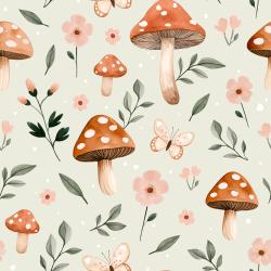 Pilz Stoff Pilzgeflüster Lindgrün mit Fliegenpilzen, Blumen, Schmetterlingen und Zweigen