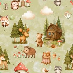 Waldtiere Stoff Zuhause im Wald mit Reh, Fuchs, Bär, Holzhaus, Tannen und Fliegenpilzen auf grünem Hintergrund