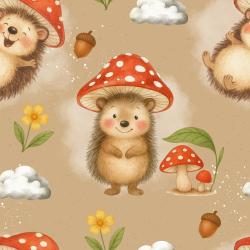 Igel Stoff Pilzigel Hellbraun mit Fliegenpilzhüten, Eicheln, Blumen und Wolken auf hellbraunem Hintergrund