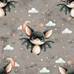 Fledermaus Stoff Finni mit niedlicher schwarzer Fledermaus, Sternen, Wolken und Mond auf grauem Hintergrund