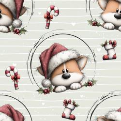 Weihnachtsfuchs – Strandgutraeuber Eigenproduktion mit niedlichem Fuchs, Weihnachtsmütze, Zuckerstangen, Weihnachtsstrümpfen und Stechpalme auf graugrünem Grund.