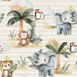 Savannenkinder Beige Bio Jersey und Bio French Terry mit Elefant, Affe, Tiger und Tukan