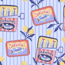 Sardinenliebe Veilchenblau Bio Jersey und Bio French Terry mit Sardinendosen und Zitronen