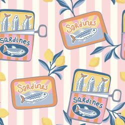 Sardinenliebe Veilchenblau Bio Jersey und Bio French Terry mit Sardinendosen und Zitronen