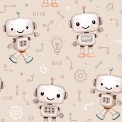 Roboterfreunde beige Bio Jersey und Bio French Terry mit niedlichen Robotern und technischen Symbolen