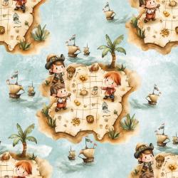 Treasure Island Bio Jersey und Bio French Terry mit Piraten, Schatzinsel und Segelschiffen