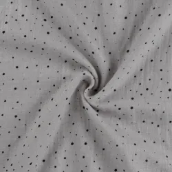 Musselin drapiert Schimmer silbergrau mit schwarzen Punkten