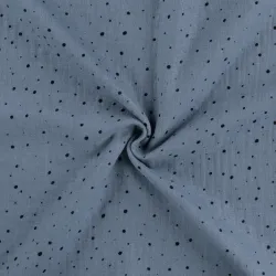 Musselin drapiert Schimmer rauchblau mit schwarzen Punkten