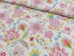 Canvas Stoff mit Blumen- und Paisley-Muster in Rosa auf cremefarbenem Hintergrund